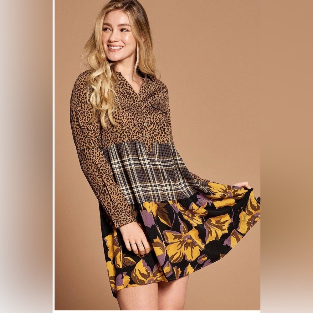 ODDY Tiered Boho Shirt Dress Size S Multi Media Contrast Print Flannel Top